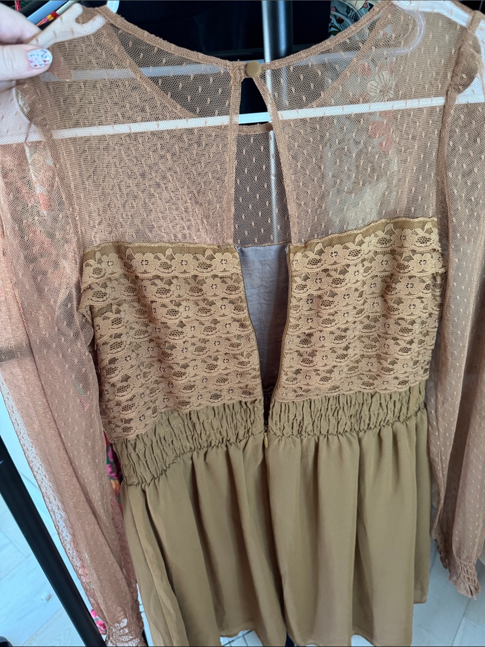 Free People Sheer Lace Bodice Long Sleeve Mini Dress in Camel - Picture 7 of 11